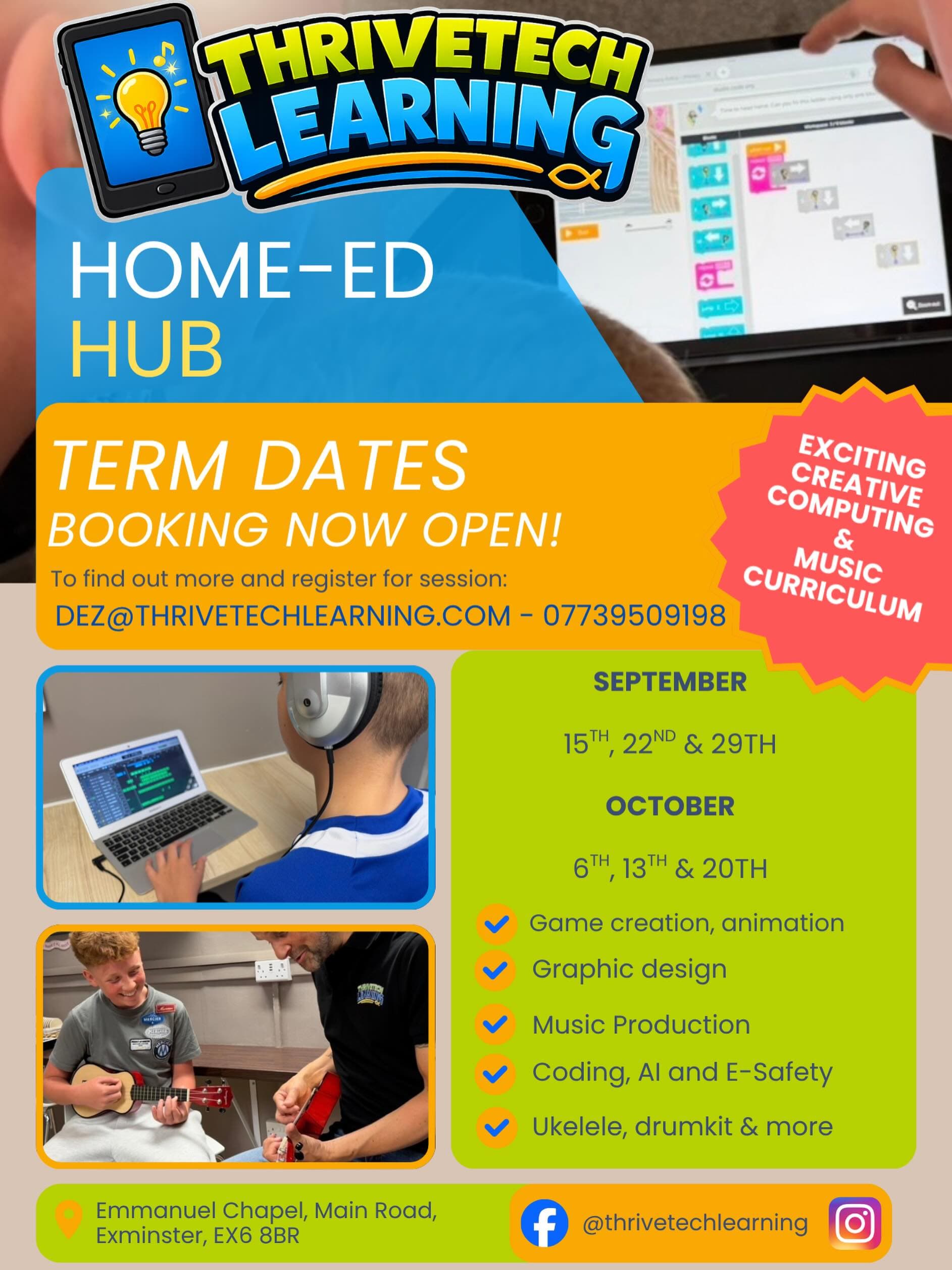 HomeEd Hub Exeter Term Dates below - bookings now open. #homeedcomputerscience #homeedmusic #homeeducating #homeeddevon
